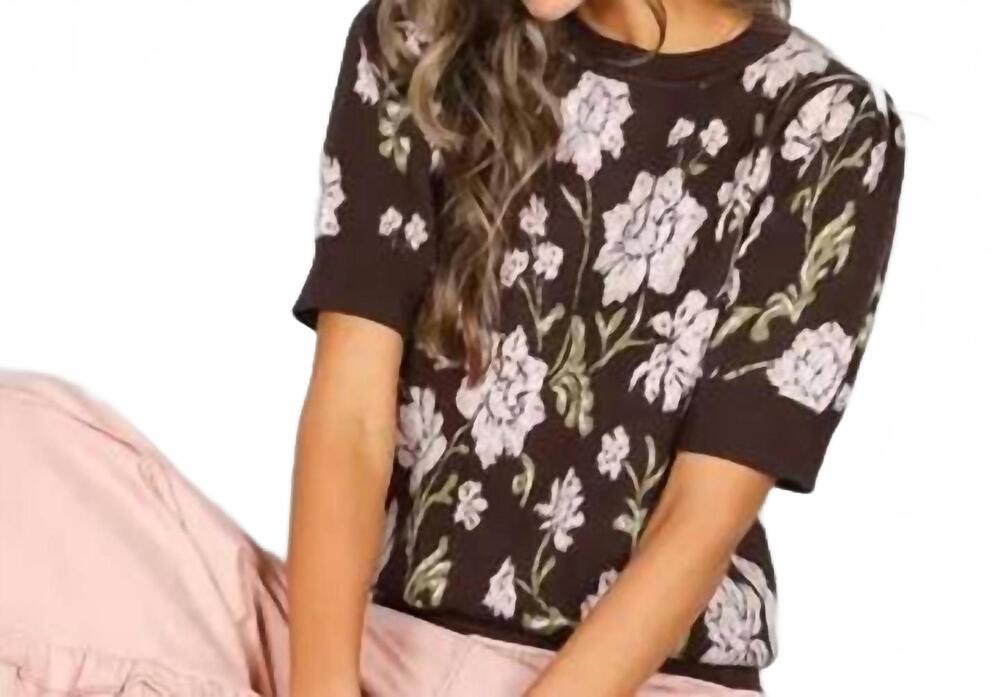 NEW VINE & LOVE floral jacquard crew neck cozy soft knitted sweater in brown